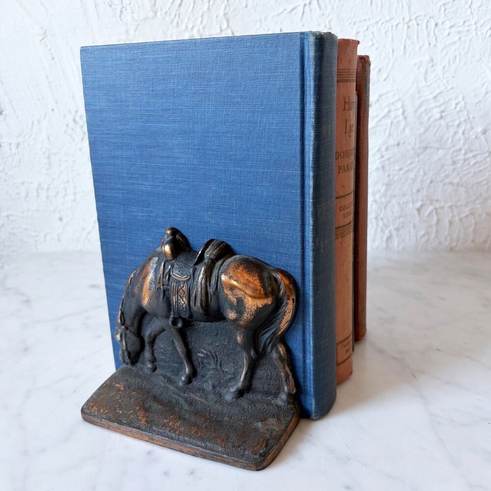 Antique Cast Iron Grazing Horse Bookends Bronzed Copper Finish Western Saddle